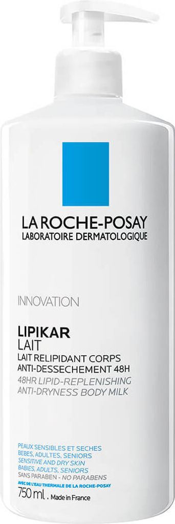 A white bottle of La Roche-Posay Lipikar Lait body milk with a pump dispenser.