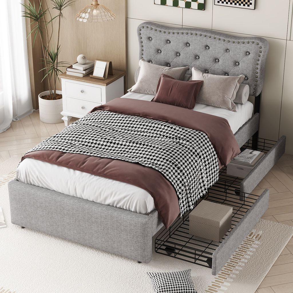 MODFU Polsterbett 90 x 200 mit Matratze Jugendbett Stauraumbett mit 2 Schubladen, dekoratives gewelltes Kopfteil mit Nieten,Grau