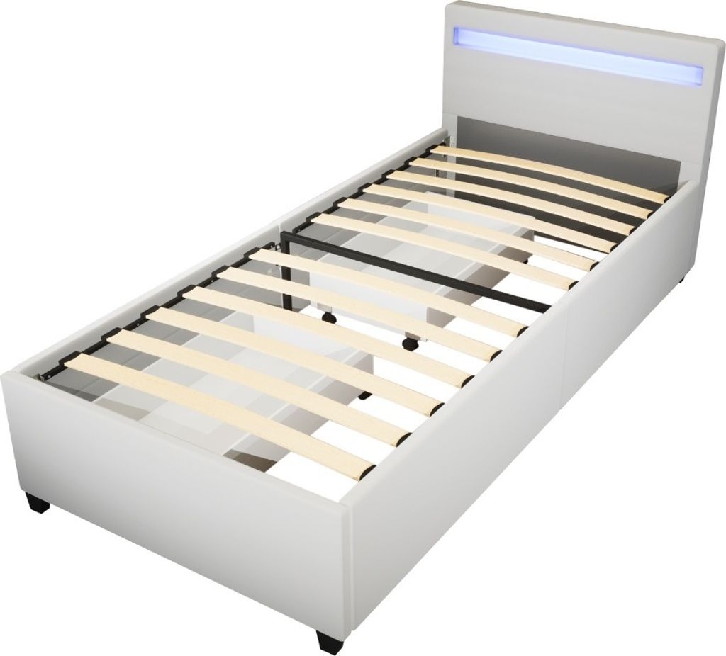 A white bed frame with a slatted base and LED lighting in the headboard, shown from a diagonal angle.