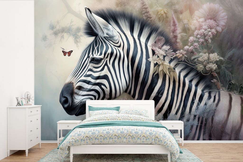 MuchoWow Fototapete für Wohnzimmer oder Schlafzimmer Wandtapete Vinyl Motivtapete Zebra - Wilde Tiere - Schmetterling - Blumen - 525x350 cm - Da...