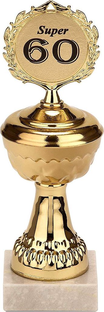 BRUBAKER Pokal mit Jahreszahl - goldene Trophäe mit Marmorsockel - Geschenkidee für runde Geburtstage Jubiläen - Motiv: Super 60