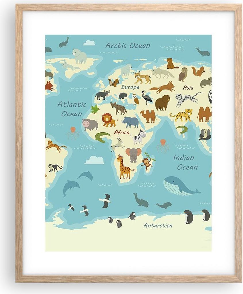 Gerahmtes Poster - Rahmen in heller Eiche - Tiere die Welt Karte - 40x50 cm - Wand Bild - Wanddeko - Wandbilder - Kunstposter - Wandposter - Bilder...