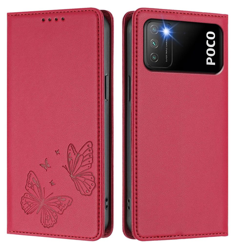 Lederhülle für Xiaomi Poco M3/Redmi 9T, Schmetterling Prägung Leder Brieftasche Schutzhülle mit Ständer Rot