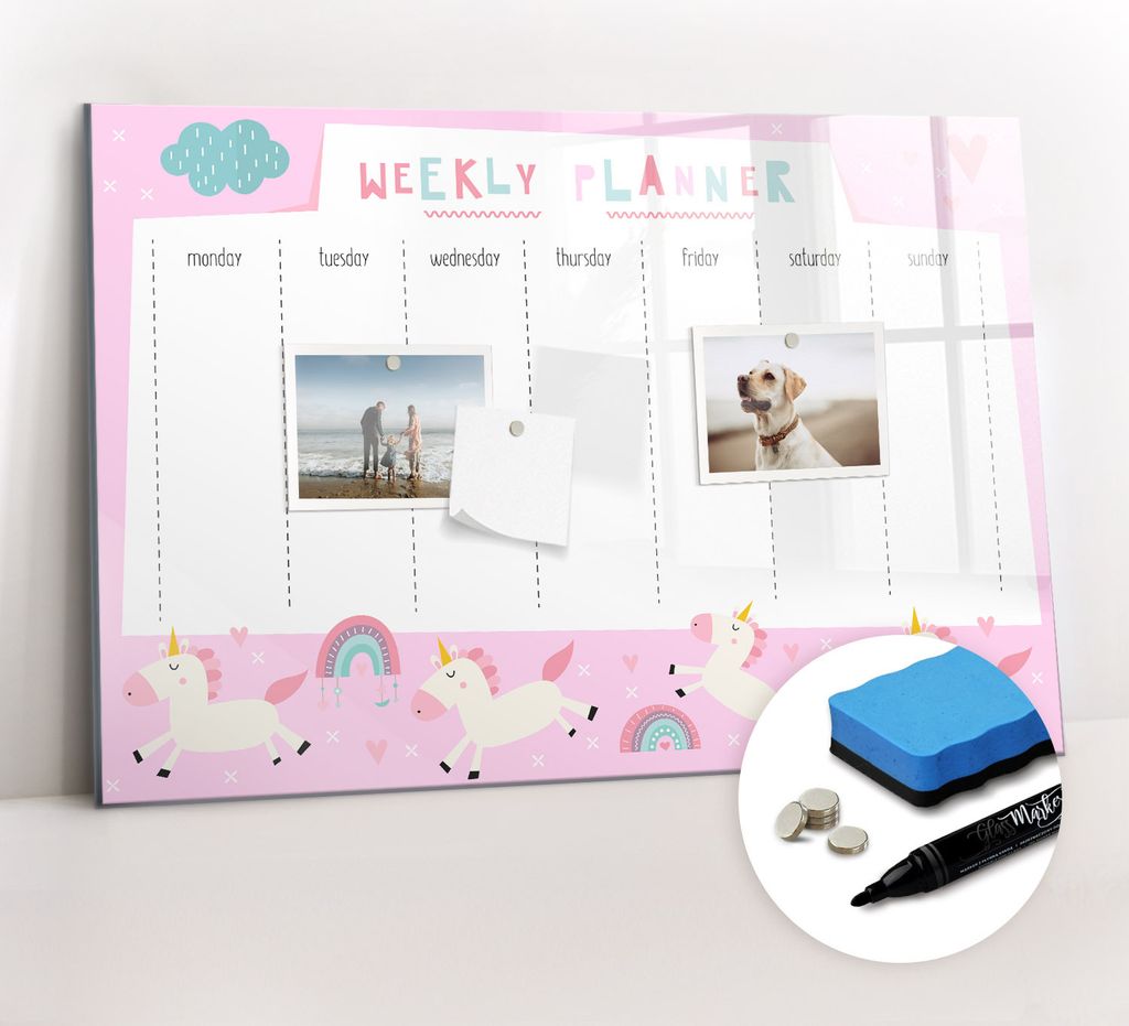 Magnetpinnwand Memoboard - Zubehörsatz - Schwarzer Marker + Schwamm + Magnete - 60 x 40 cm - Wochenplaner für Kinder