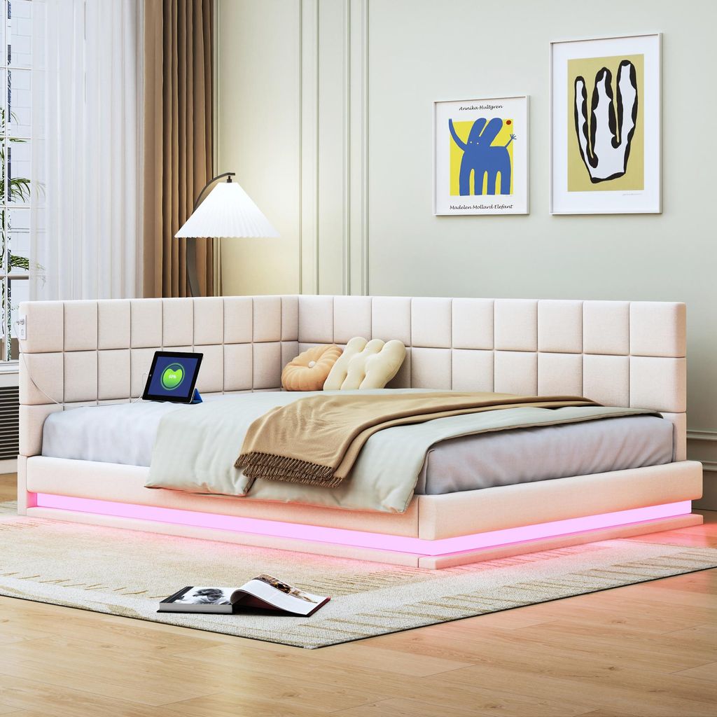 Merax Polsterbett Tagesbett 140×200cm mit LED und USB-Steckdose, Schlafsofa aus hautsympathischem Samtstoff, Kinderbett mit Lattenrost, Beige