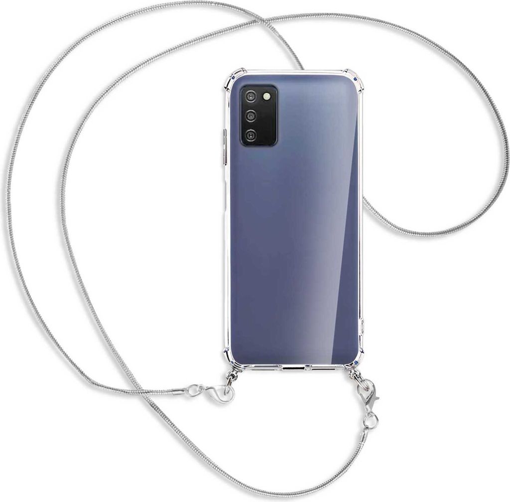 Handykette Backcover-Schutzhülle mit Band (Metall silberfarben) für Samsung Galaxy A03s 4G (EU Version) - silberfarbene Kette Snake