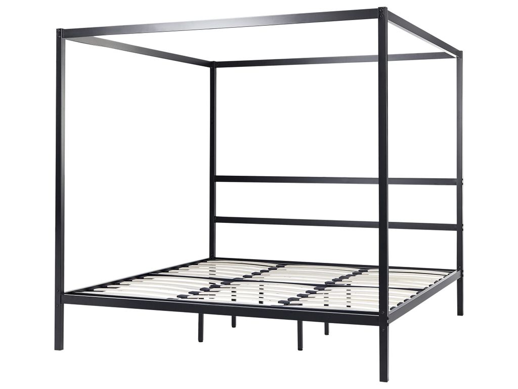 A black metal canopy bed frame with a slatted base, shown against a white background.