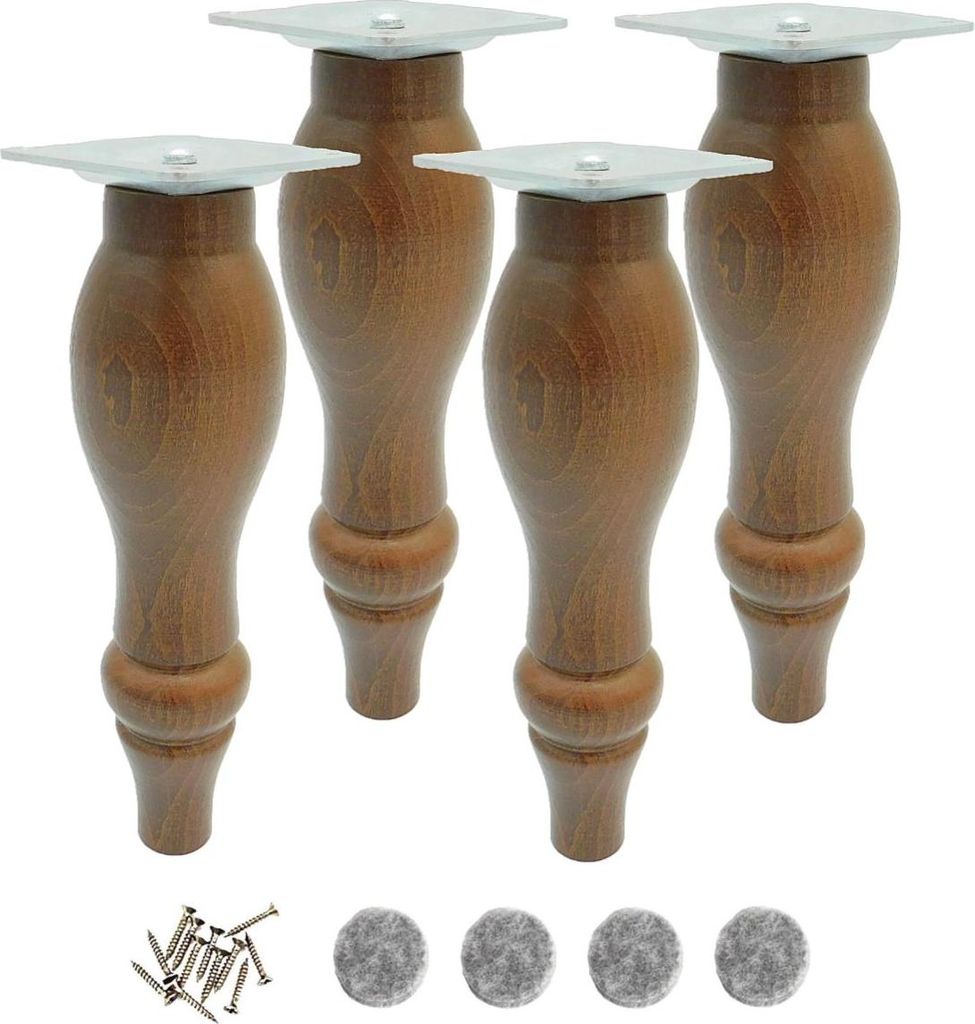 4x Möbelfuß Holz Buche 18 cm – gedrechselt, nussbaum gebeizt, mit Befestigung