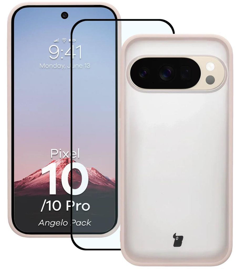 Schutzhülle + gehärtetem Glas Bizon Angelo Pack für Google Pixel 10 / 10 Pro, Getönte mit rosem Rahmen