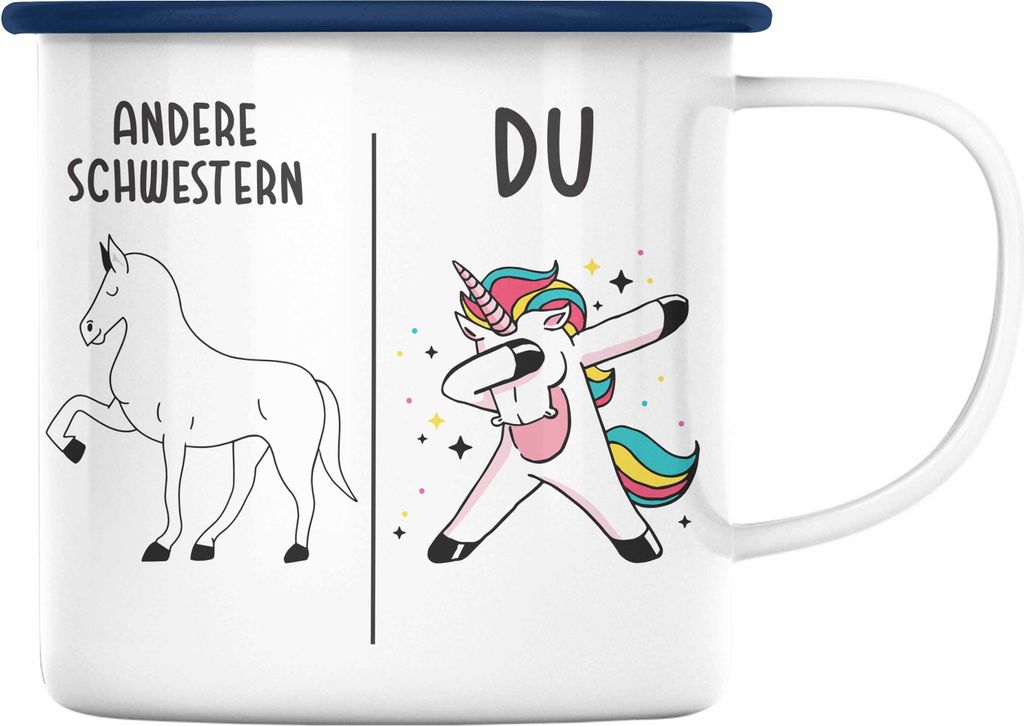 Trendation - Schwester Geschenk Geburtstag Emaille Tasse Geschenkideen Emaille Tassen mit Spruch für Schwester (Blau)