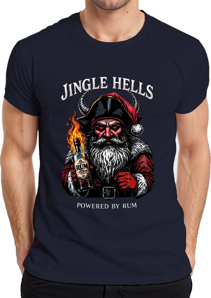Jingle Hells Powered by Rum Santa horned flaming bottle Christmas Herren T-Shirt, Navy, XXL