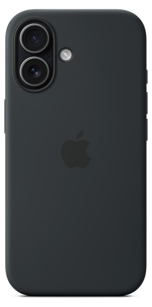 The back of a black iPhone case with the Apple logo.
