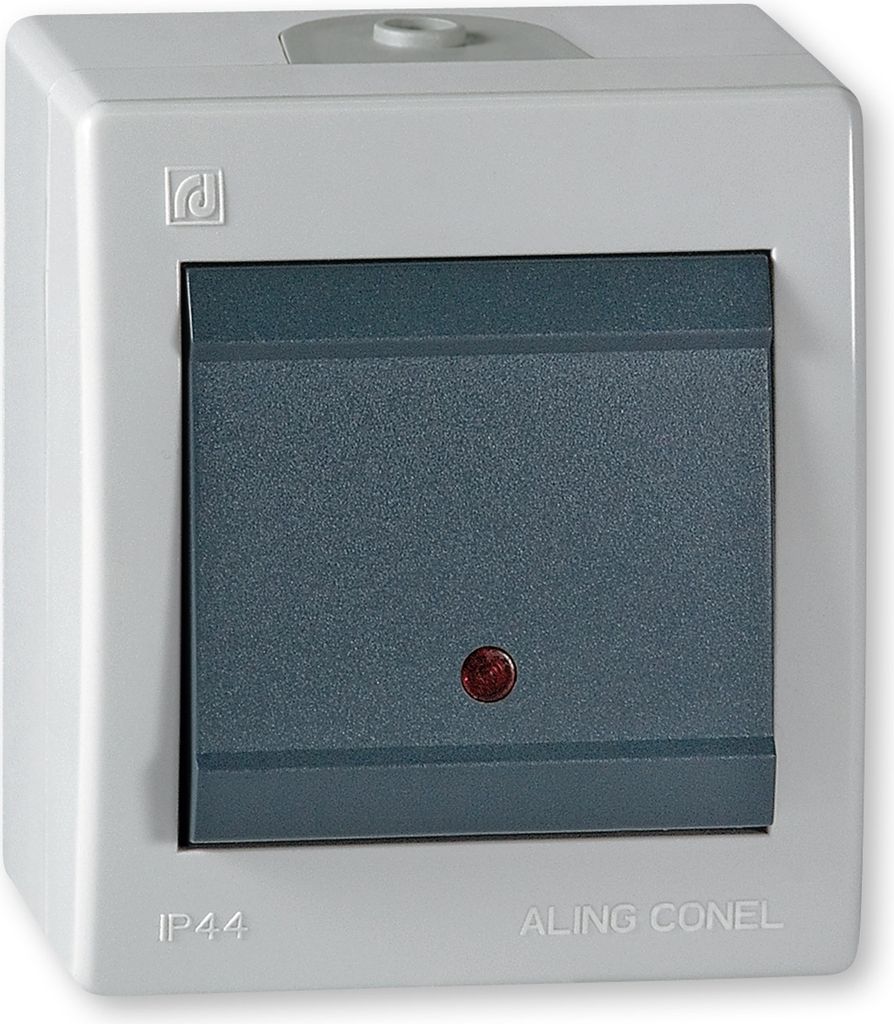 Kreuzschalter mit Glimmlampe IP 44 Grau mit Wippe in Anthrazit