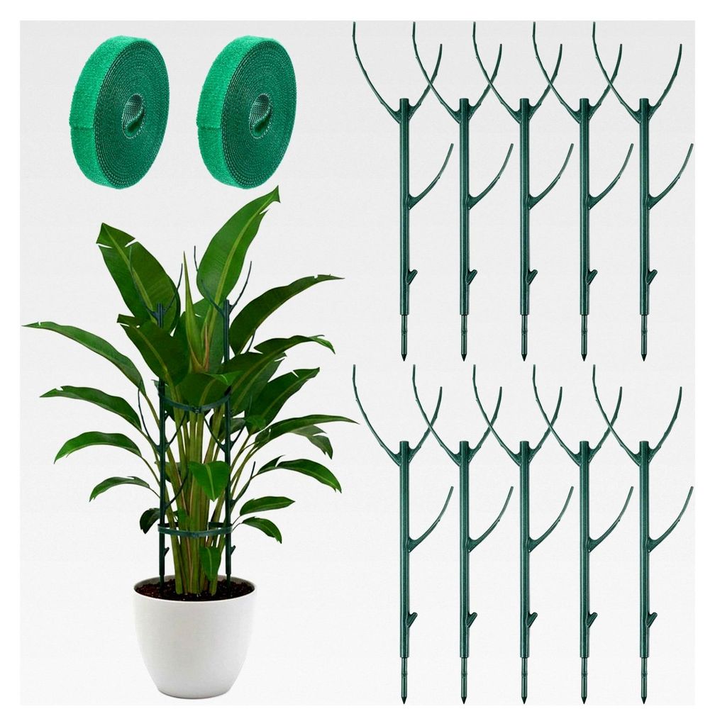 10 Stück Monstera Rankhilfe für Zimmerpflanzen (27 cm pro Stück), Stapelbare Pflanzenhalter mit 2 Rollen Klettband (2 m/Rolle), Verstellbare Pfl...