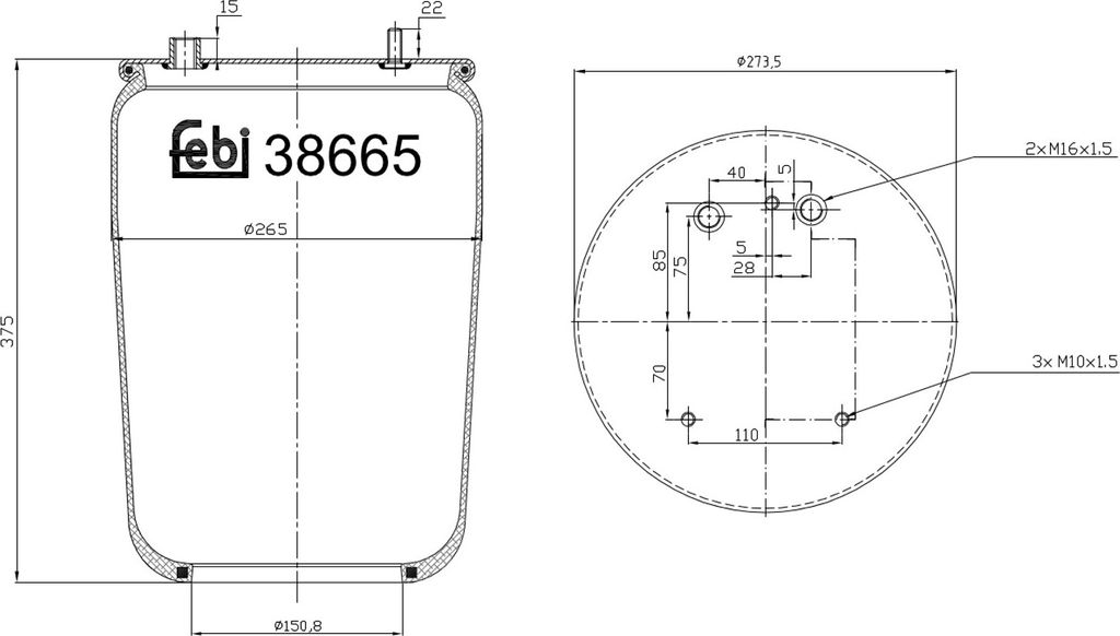 FEBI BILSTEIN Luftfederbalg 38665 Hinten Links Hinten Rechts für DAF 65 375mm 258mm