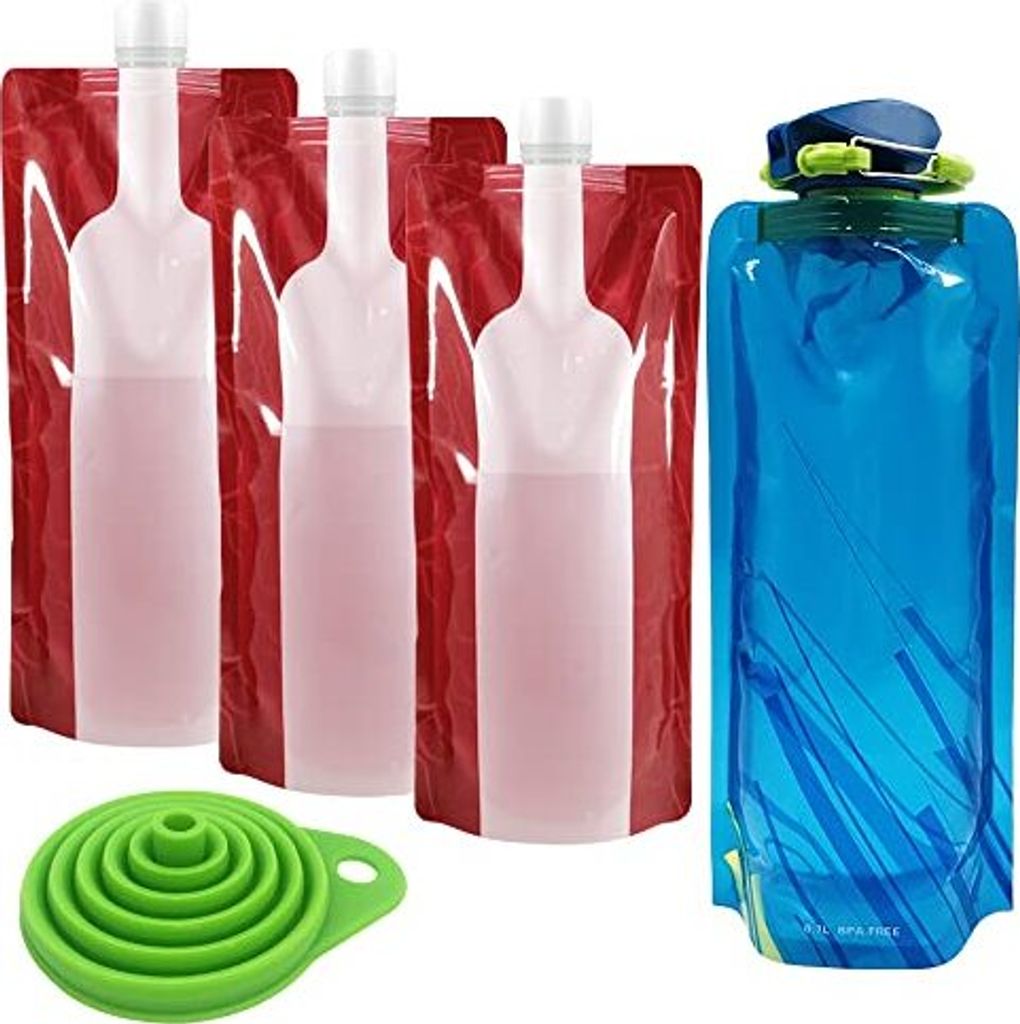 5 Pack faltbare Weinbeutel, tragbare Getränkebeutel, Plastikwasserflaschen zum Mitnehmen (750 ml), Beutel (700 ml) Wein, Alkohol, Getränke, Reisen