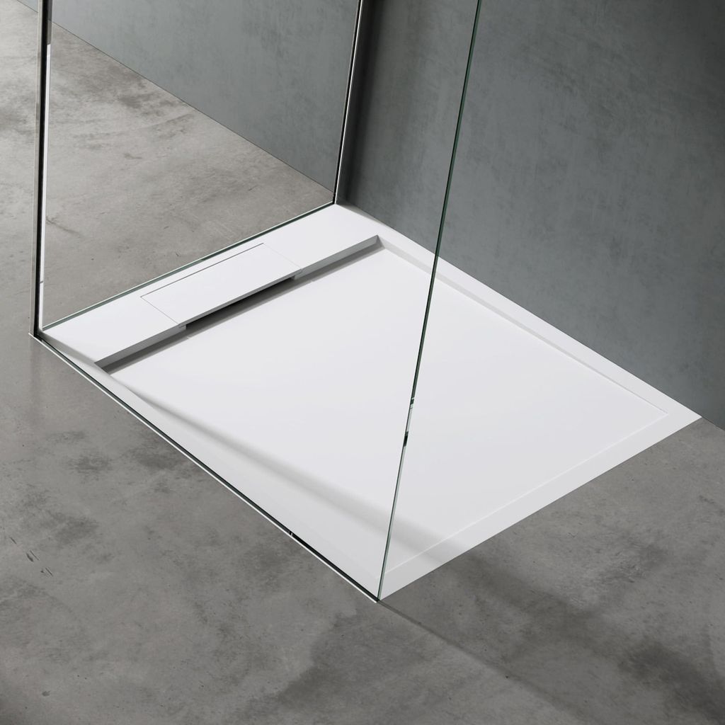 doporro Duschtasse Duschwanne 90x100x4 flach Mineralguss in Weiß DIN-Anschlüsse für bodengleiche Montage geeignet Geoma04