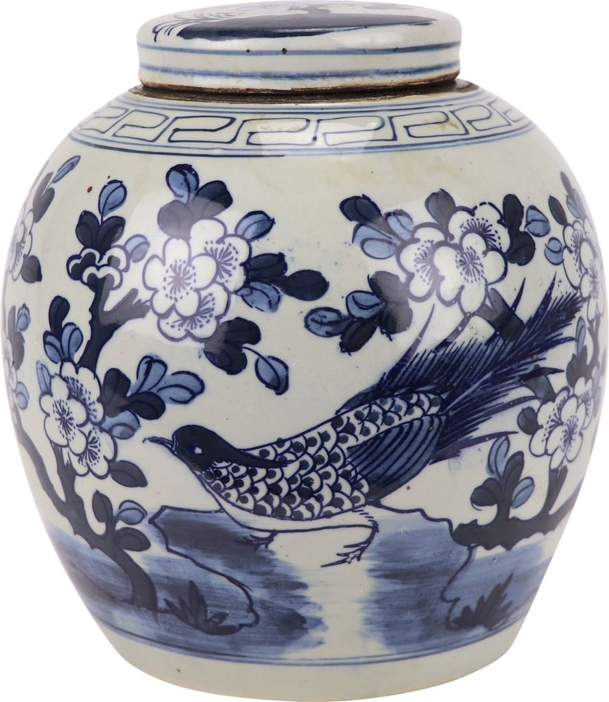 Fine Asianliving Chinesische Vase mit Deckel Blau Weiß Porzellan Handbemalte Vögel D30xH30cm Dekorative Vase Blumenvase Orientalische Keramik Vas...