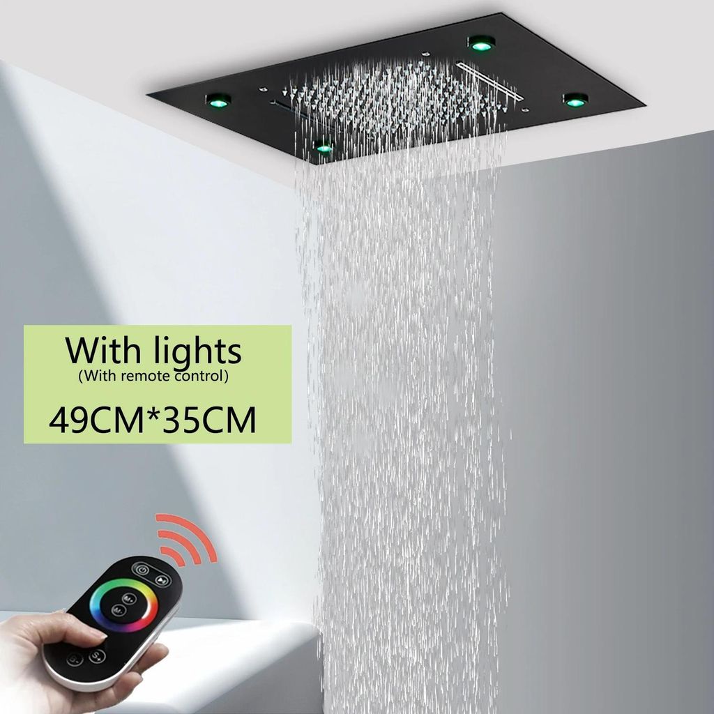 Deckenbrause - Quadratischer Regenduschkopf - 36x50 cm - LED mit Fernbedienung - Deckenmontage - Gebürstet - Schwarz