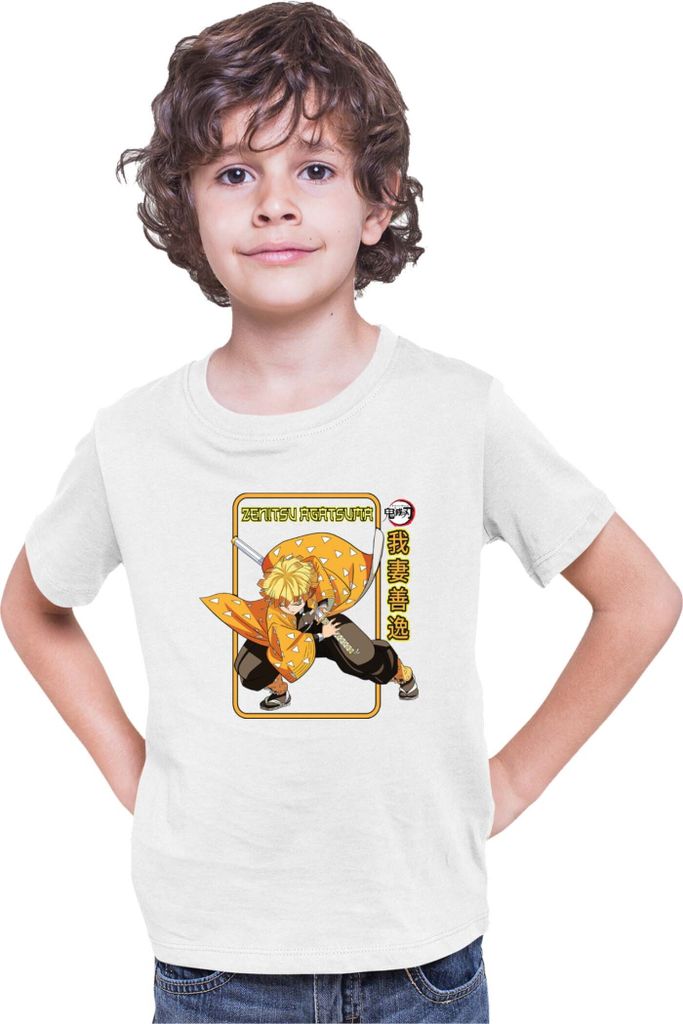 Kinder T-Shirt Demon Anime Slayer Kimetsu No Yaiba Zenitsu Agatsuma Pose, 5-6 Jahr - 116 / Weiß