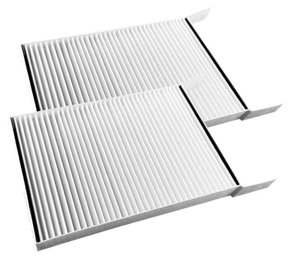 Two white pleated air filters are shown from a diagonal angle against a white background.