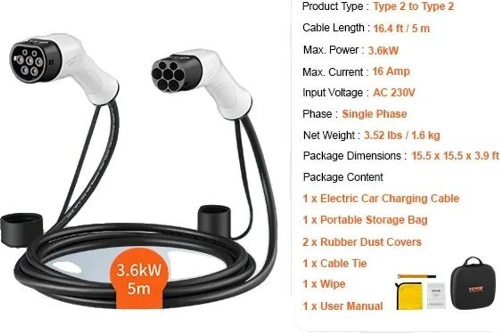 Câble de recharge Type 2 pour voiture électrique 3.6kW 16A monophasé 5m