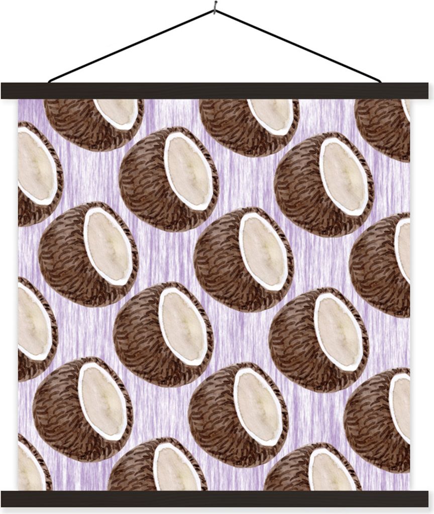 MuchoWow Textilposter Kokosnuss - Lila - Weiß 120x120 cm mit schwarzem Rahmen - Aufhängungsset