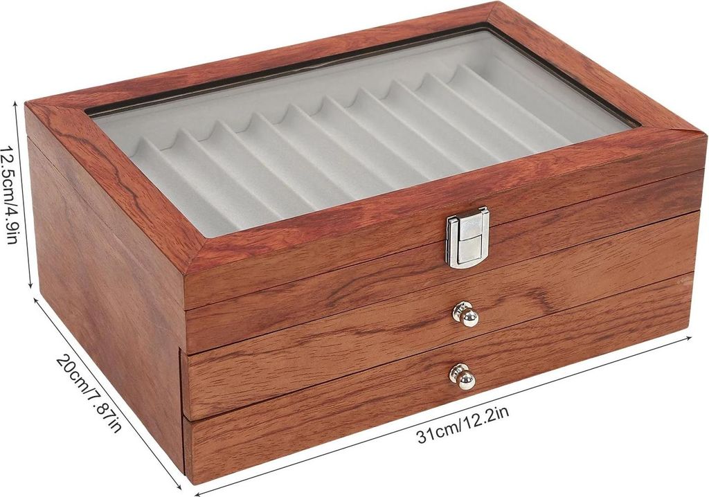 Stifte-Aufbewahrungsbox - 3-stöckige Displaykassette - 34 Fächer - Sichtdeckel - Holz - 31×20×12,5 cm - Für Füller & Kugelschreiber - Gelb