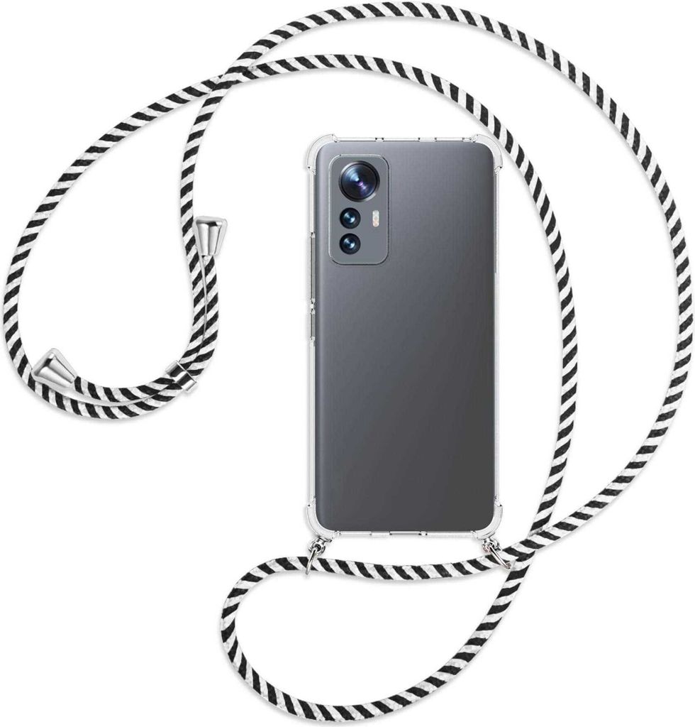 Handykette Backcover-Schutzhülle mit Band (Metall silberfarben) für Xiaomi 12 Lite - schwarz/weiß gestreift