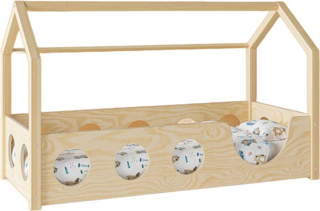 Kinderbett TRANO DPO | 100x190 cm, Natürliches Holz mit Sicherheitsbarriere, Ohne Matratze