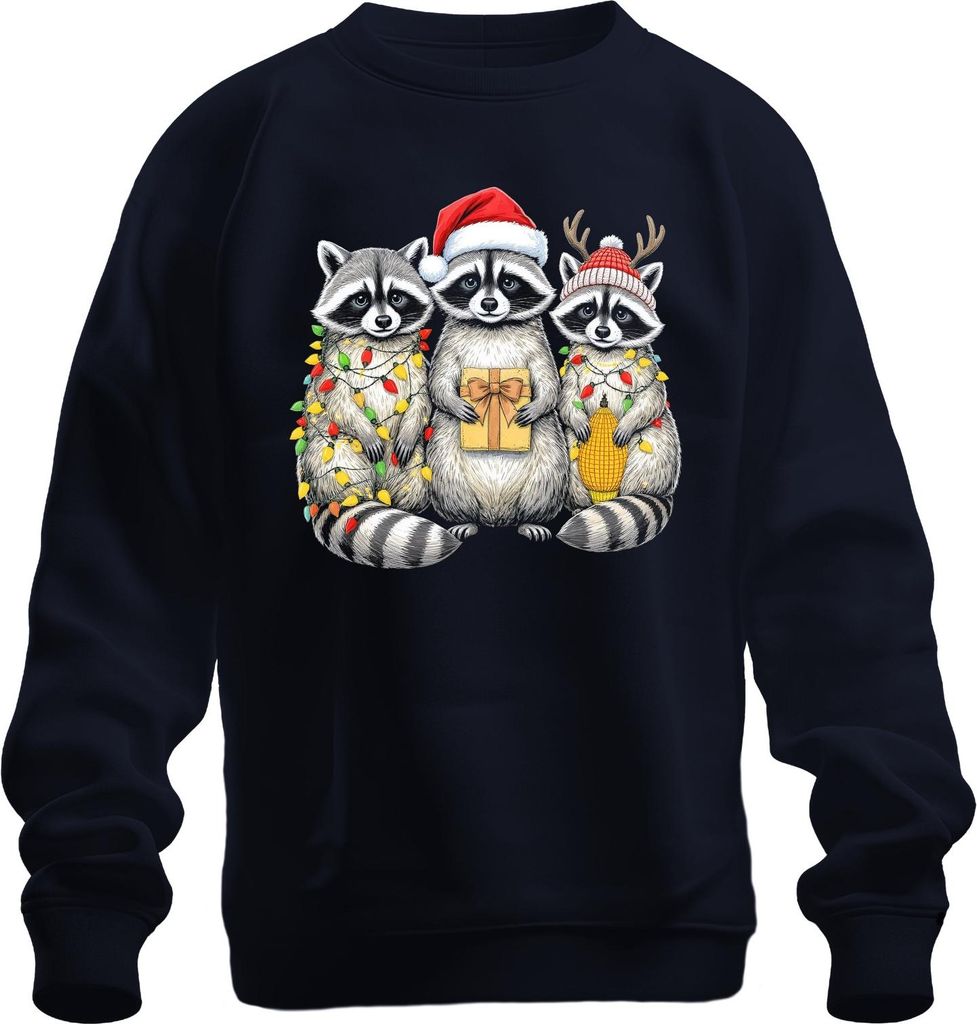 Weihnachts Waschbären Lustig Geschenk Lichterkette Weihnachtsmütz Uni Sweatshirt Pullover, Navy, 3XL