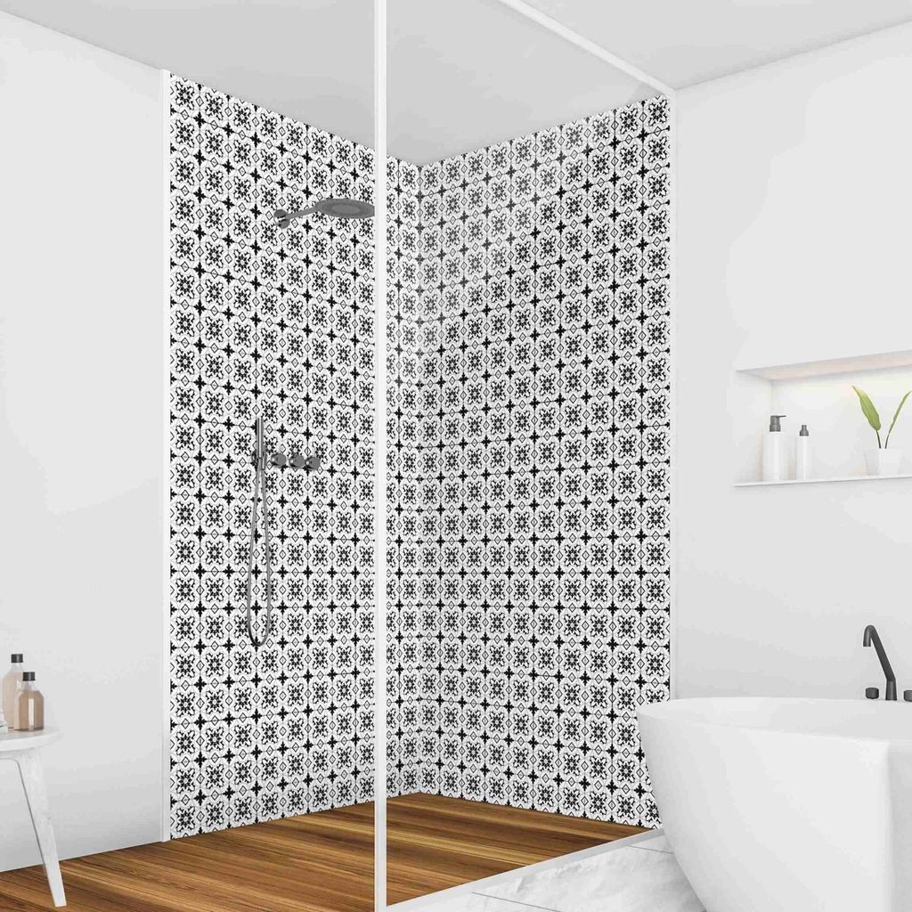 Duschrückwand mit Motiv selbstklebend - 0.35 mm Wandpaneel wasserfest Design schwarz weiss Fliesenoptik Illustration Badrückwand fugenlos Smart m...