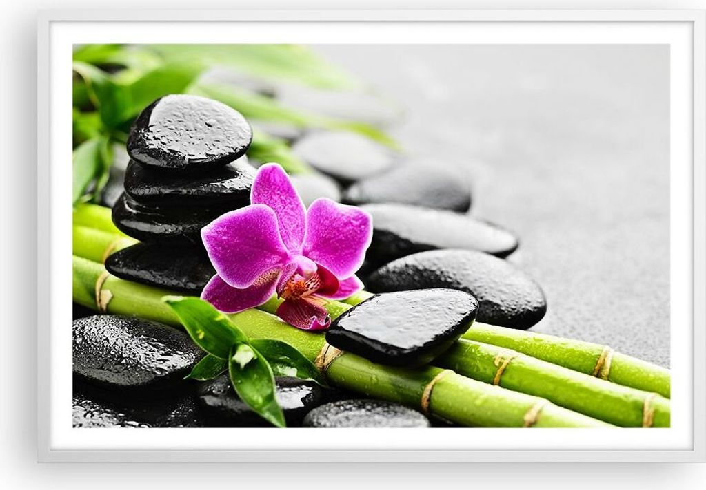 Gerahmtes Poster - Weißer Rahmen - Pflanze Steine Bambus Spa - 91,5x61 cm - Wand Bild - Wanddeko - Wandbilder - Kunstposter - Wandposter - Bilderr...