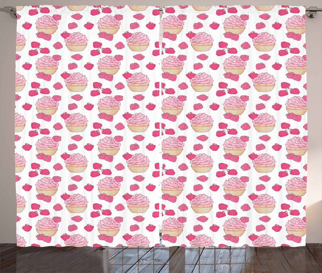 ABAKUHAUS Cupcake Rustikaler Gardine, Doodle Stil Erdbeere, Schlafzimmer Kräuselband Vorhang mit Schlaufen und Haken, 280 x 175 cm, Baby Pink Pfir...