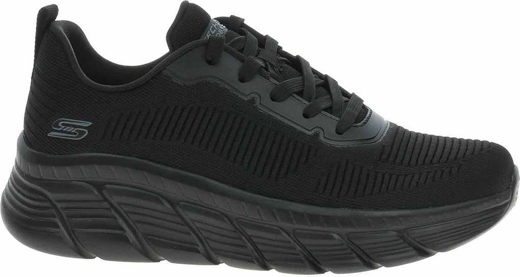 A black Skechers sneaker is shown from the side against a white background.