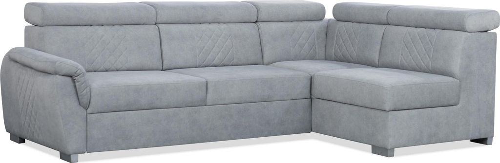 BETTSO Ausklappbares RAVINI graues Ecksofa mit verstellbaren Kopfstützen, gesteppter Rückenlehne und Schlaffunktion Rechts