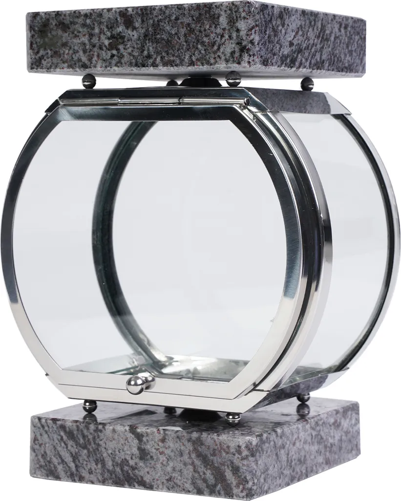 Lampe funéraire ronde Orion en acier inoxydable et granit pour tombe