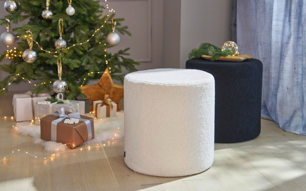 H.O.C.K. Fino Hocker rund Pouf Teddystoff Bouclé ø45x45cm weiß ecru Plüsch
