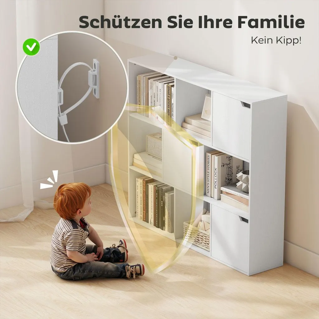 Bibliothèque design blanche 9 cases dont 3 compartiments fermés - 115cm