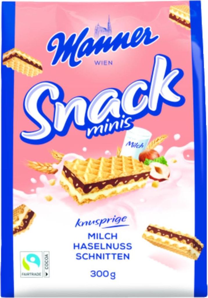 Manner Snack Minis Waffeln mit Milch Haselnuss Füllung 300g Produktbild 