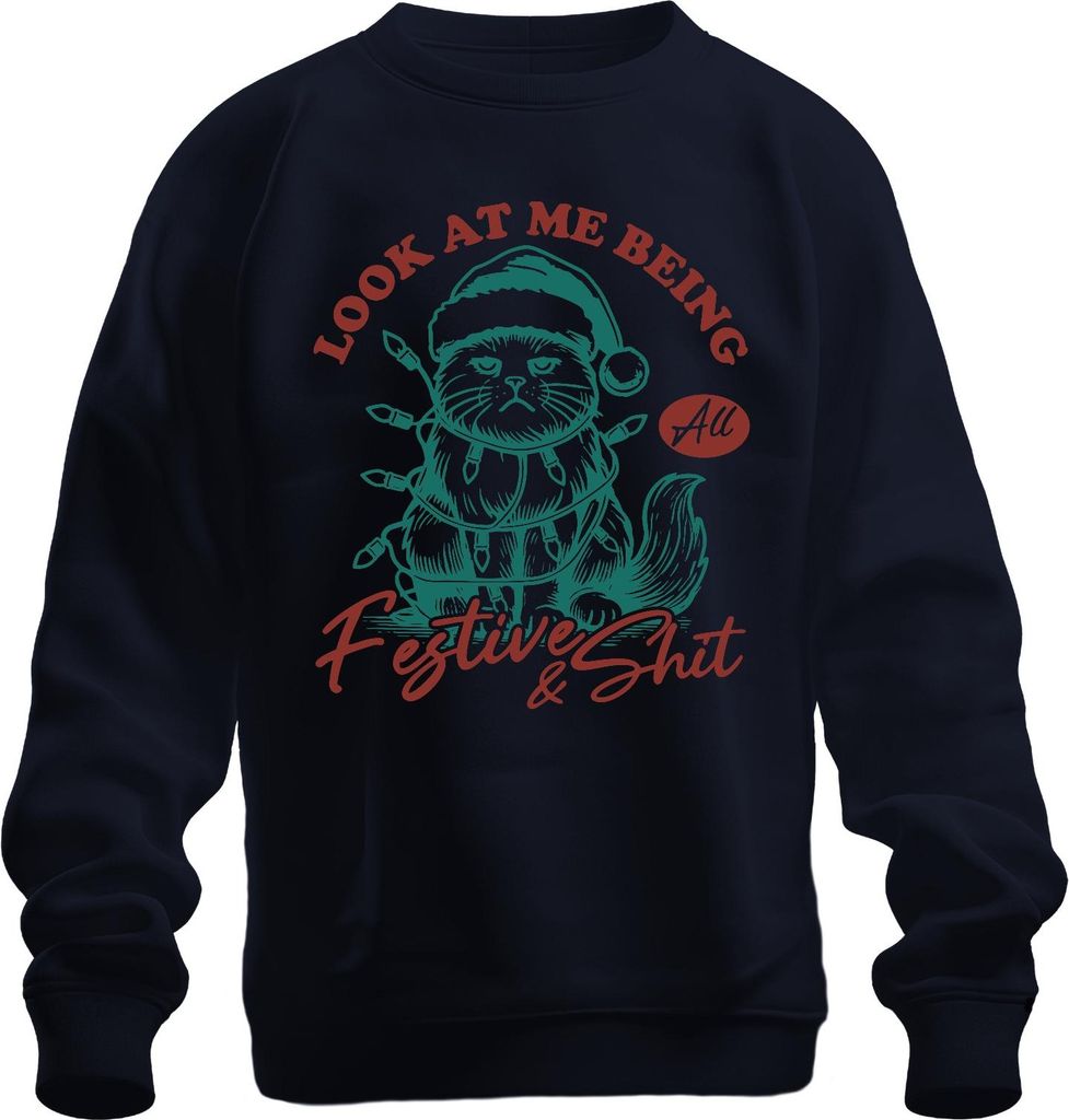 Look At Me Being All Festive And Shit Grumpy Cat Weihnachten Uni Sweatshirt Pullover, Navy, XXL