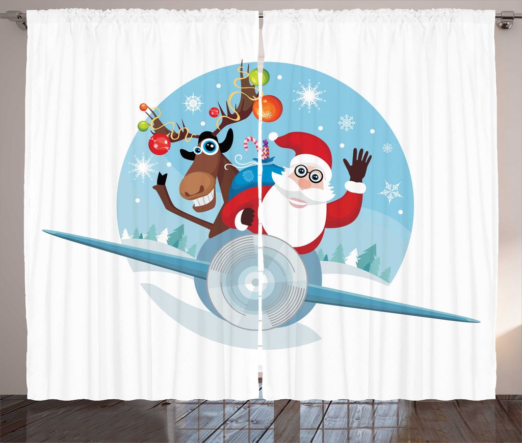 ABAKUHAUS Weihnachten Rustikaler Gardine, Rentiere und Santa, Schlafzimmer Kräuselband Vorhang mit Schlaufen und Haken, 280 x 245 cm, Mehrfarbig