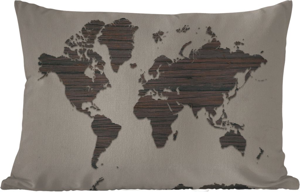 MuchoWow Outdoor Kissen - Weltkarte - Braun - Holz - 60x40 cm - Wetterfest - Lounge Kissen - Zierkissen - Kissen für Innenräume