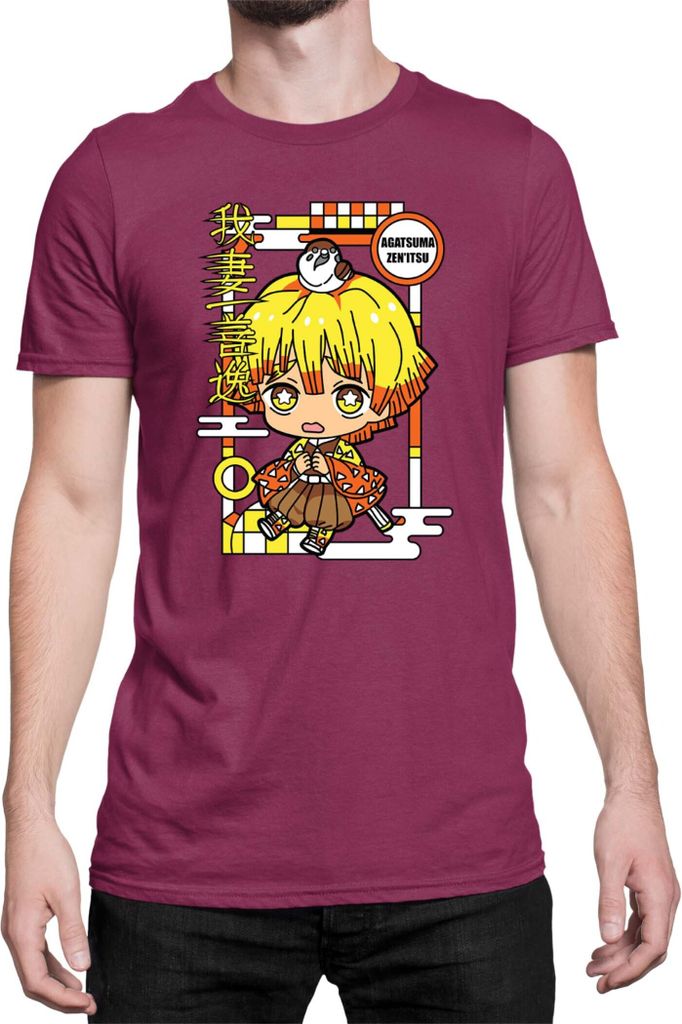 Herren T-Shirt Demon Anime Slayer Kimetsu No Yaiba Chibi Zenitsu Agatsuma, Man 3XL / Burgundy