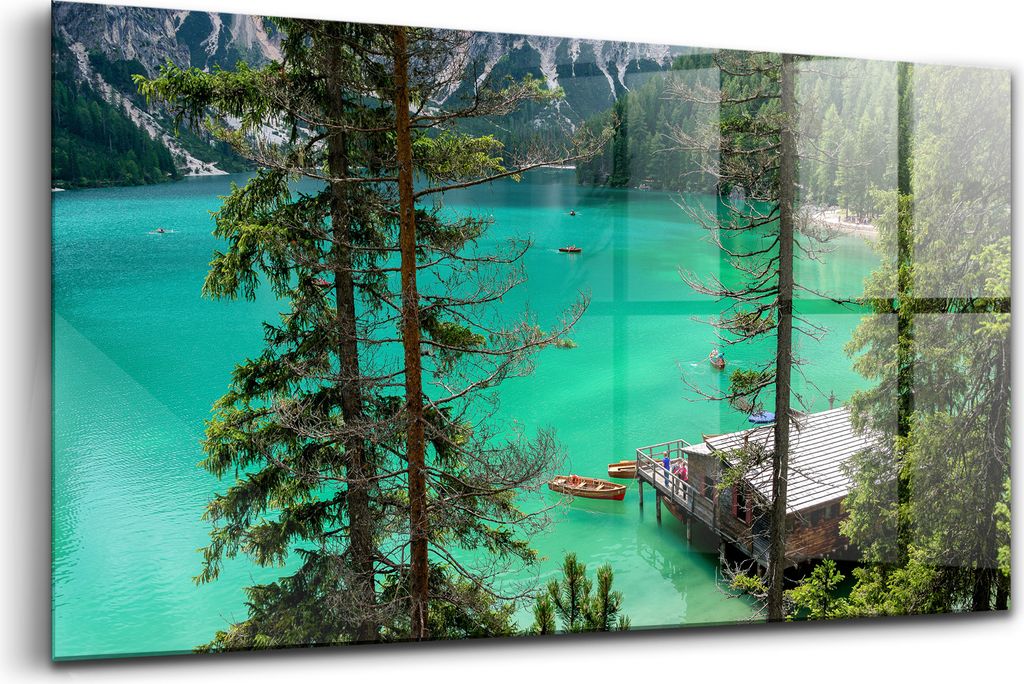 120x60 - Glasbilder - Bilder auf Wandbild - Foto auf Glas - Hölzernes Dock in der Nähe Hölzernes Kanu im Wasser