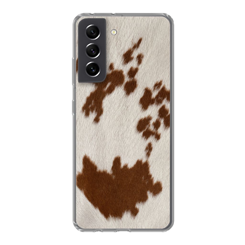 MuchoWow Handyhülle Schutzhülle Hülle für Samsung Galaxy S21 FE Rindsleder mit rot-orangen Tupfen Silikon Softcase Handy Hülle - Mobiltelefo...