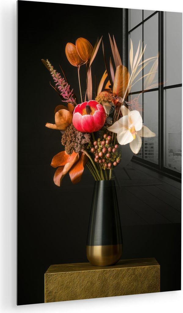 MuchoWow Glasbilder - Bilder auf Wandbild - Foto auf Glas Blumenstrauß - Orange - Gold - Vase 20x30 cm Wanddekoration aus Glas - Acrylglasbild - A...