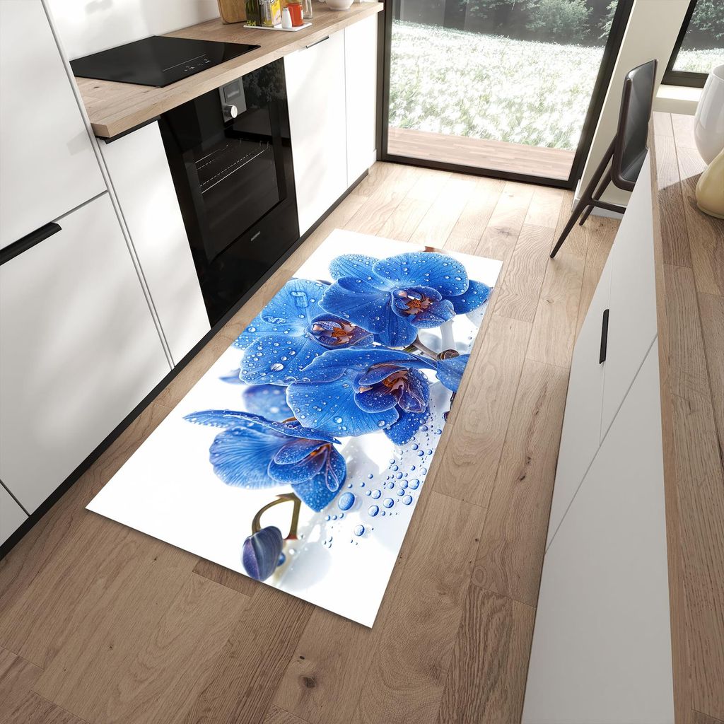 Küchenteppich 90x180cm rutschfest & abwischbar PVC Läufer - Blaue Orchideen
