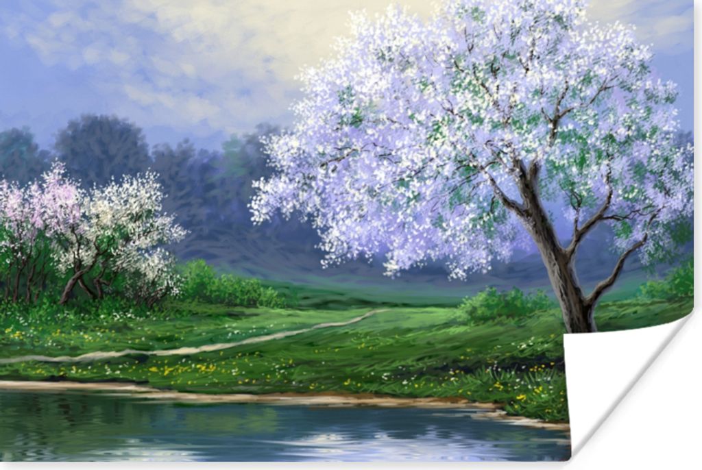 MuchoWow Poster Malerei - Baum - Blüte - Natur - Wasser 60x40 cm - Schlafzimmerdekoration