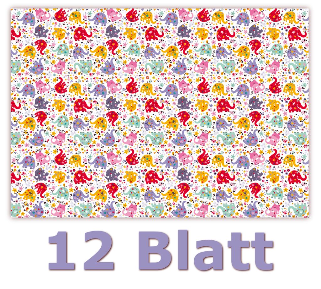 12 Blatt - Geschenkpapier schönes Motiv mit bunten lachenden Elefanten, Vögel, lächelnde Blumen, Sterne, Herzen, Format DIN B1 ( 1000 x 700 mm )...